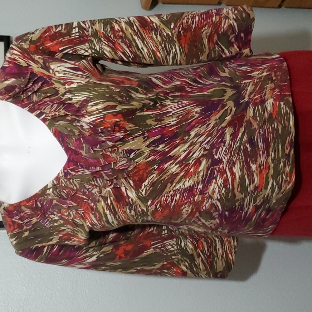 RUBY RD. Women's Color Splashe Top-3/4 Sleeve-Feathered Fringe-V Neck-NWOT-Sz S